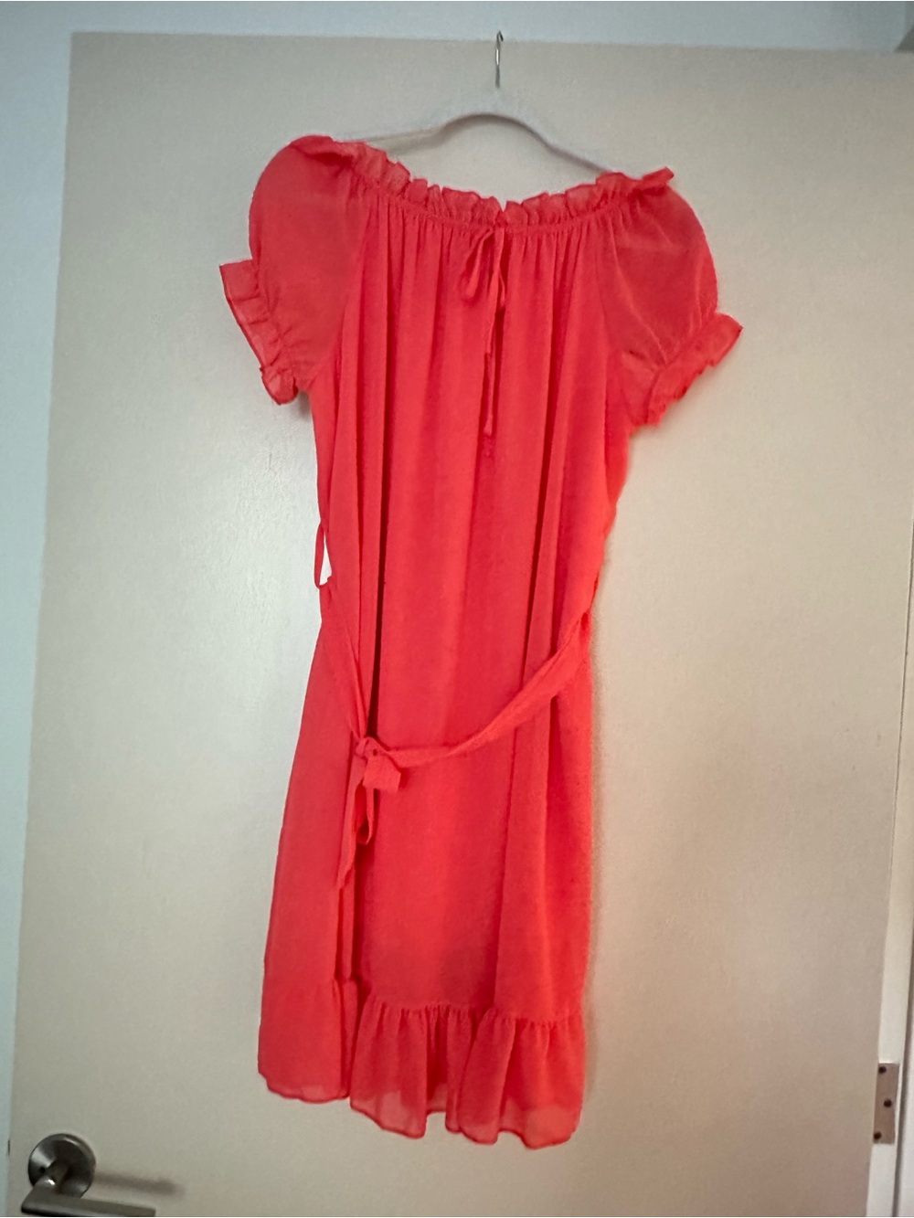 Girls Coral Red Ruffle-Sleeve Dress